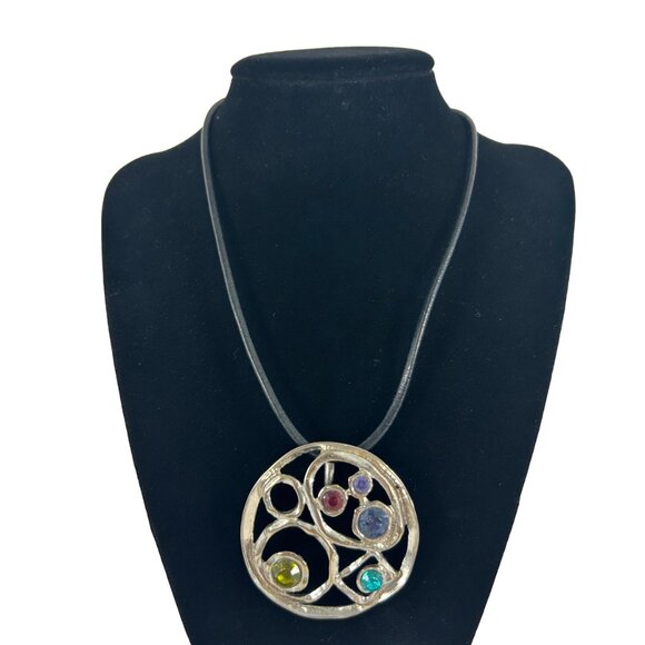 Silver Tone Round Rhinestones Pendant Corded Necklace Open Work Geometric - Picture 3 of 10